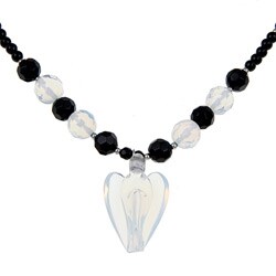 Lee Sands Silvertone Onyx and Opalite Angel Necklace