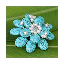 Resin 'Blue Azalea' Pearl Brooch (4-6 mm) (Thailand)