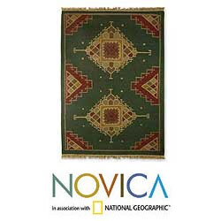 Indo Handcrafted 'Emerald Fantasy' Wool and Cotton Rug (4'6 x 6')