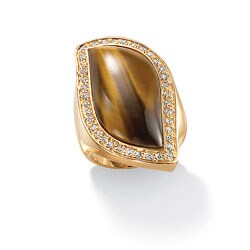 Angelina D'Andrea 18k Gold over Sterling Silver Tiger's Eye and Cubic Zirconia Ring