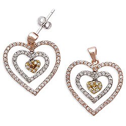 14k Three-tone Gold over Silver Cubic Zirconia Open Heart Earrings