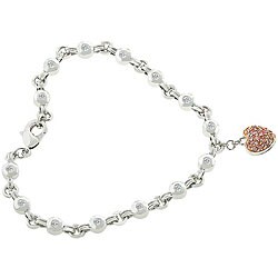 Silvertone Brass Clear and Pink Cubic Zirconia Heart Charm Bracelet