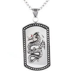 Stainless Steel Cubic Zirconia Dragon Dog Tag Necklace