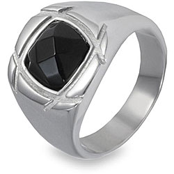 Stainless Steel Faceted Created Onyx Groove Ring