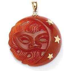 Angelina D'Andrea 10k Yellow Gold Red Jade Moon and Stars Pendant