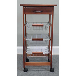 Birch Wood Decorative Tile Top Rolling Kitchen Cart 