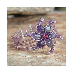 Stainless Steel 'Purple Pinwheel' Amethyst Wrap Bracelet (Thailand)