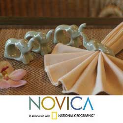 Set Of 6 Celadon Ceramic 'Elephant Hello' Napkin Rings (Thailand)