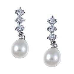 Sterling Silver Freshwater Pearl and Cubic Zirconia Earrings (7-8 mm)