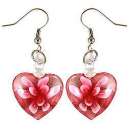 Murano-inspired Glass Pink Flower Heart Earrings