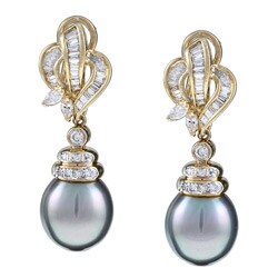 18k Yellow Gold Tahitian Pearl and 1 1/4ct TDW Diamond Earrings (11-12 mm) (G-H, I2-I3)
