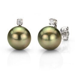 Silver Tahitian Pearl and 1/10ct TDW Diamond Earrings (H-I, I2-I3) (8-9 mm)