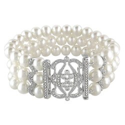 Sterling Silver Freshwater Pearl and Cubic Zirconia Bracelet (6.5-7 mm)