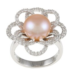 Sterling Silver Pink Freshwater Pearl and Cubic Zirconia Ring