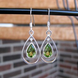 Sterling Silver Hoops Pear Peridot Earrings (Thailand)