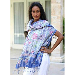 Silk 'Sapphire Mums' Batik Shawl  (Indonesia)