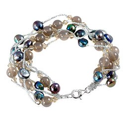 Adee Waiss Silver FW Peacock Pearl and Grey Agate Bracelet (6-7 mm)