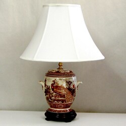 Brown Porcelain Peacock Silk Shade Lamp 