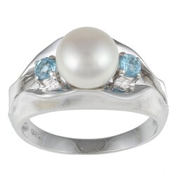 Sterling Silver Freshwater Pearl with Blue Topaz Gemstone Ring (7-8mm)