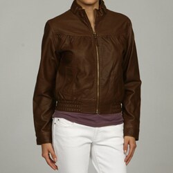 Women's Brown Faux Leather Bomber Jacket
