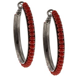 Hermosa Silvertone Red Glass Bead 37-mm Hoop Earrings
