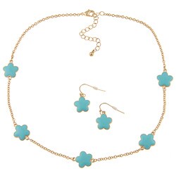 Goldtone Turquoise Enamel Daisy Necklace and Earring Set