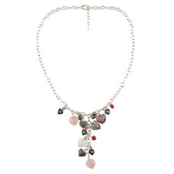 Charming Life Silvertone Rose Quartz and Jade Heart Charm Necklace