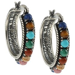 Southwest Moon Sterling Silver Multi-gemstone Beaded Hoop Earrings