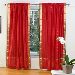 Fire Brick Red 84-inch Rod Pocket Sheer Sari Curtain Panel Pair (India)