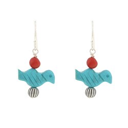 Southwest Moon Sterling Silver Turquoise and Red Coral Bird Earrings