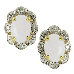Gems For You 10k Gold Opal and Diamond Accent Stud Earrings (H-I, I-1)