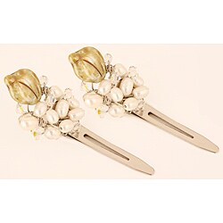 Ardent Designs Pearl and Swarovski Crystal Leaves Hair Clips (Set of 2)
