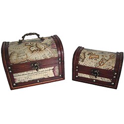  Travel Jewelry & Keepsake Box in Aged Mahogany & Old Leather Map (Set of 2)