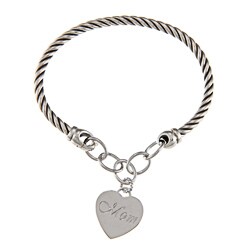 Sunstone Sterling Silver Oxidized 'Mom' Heart Charm Bangle Bracelet