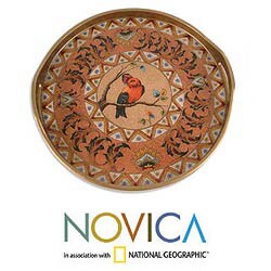 Handcrafted Reverse-painted Glass 'Bird in Autumn' Tray (Peru)