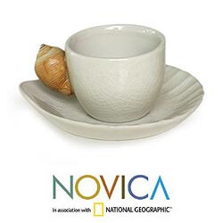 Set of 2 Handcrafted Ceramic 'Beach' Cups and Saucers (Indonesia)