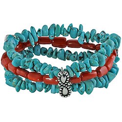Southwest Moon Coral and Blue Turquoise Chip 3-strand Stretch Bracelet