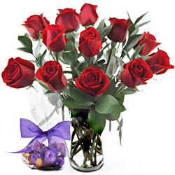 One Dozen Red Roses with Godiva Chocolate Truffles