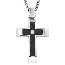 Stainless Steel Men's Clear Cubic Zirconia Diamond-cut Cross Necklace