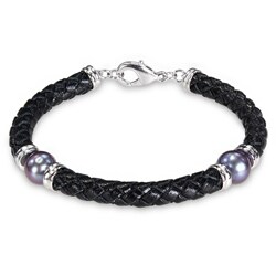 Silvertone Freshwater Black Pearl and Brown Leather Bracelet (9-10 mm)