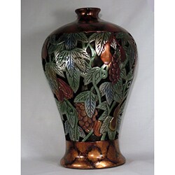 'The Grape Yard' Hand Carved Painted Ceramic Vase