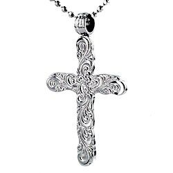 Steel Polished Floral Engraved-look Cross Necklace