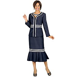 Divine Apparel Women's Navy/ Silver Removable Collar Skirt Suit