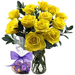 One Dozen 'Yellow Roses' Flower Bouquet with Godiva Chocolate Truffles