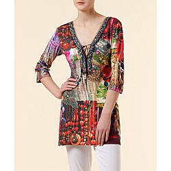 Apart Women's Multicolor Beaded V-Neck Expeditionist Tunic Top