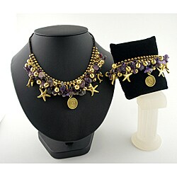 Goldtone Amethyst and Bead Necklace and Bracelet Set (Thailand)