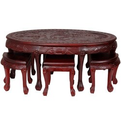 Carved Oval Coffee Table with Stools (China)