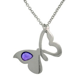 Stainless Steel Purple Cubic Zirconia Butterfly Charm Necklace