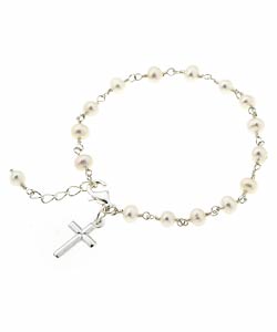 Sterling Essentials Sterling Silver Pearl Children's Cross Bracelet (4 mm)
