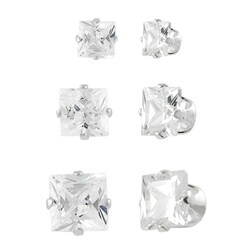 Sterling Silver CZ Princess-Cut Stud Earring Set (3 Pair)